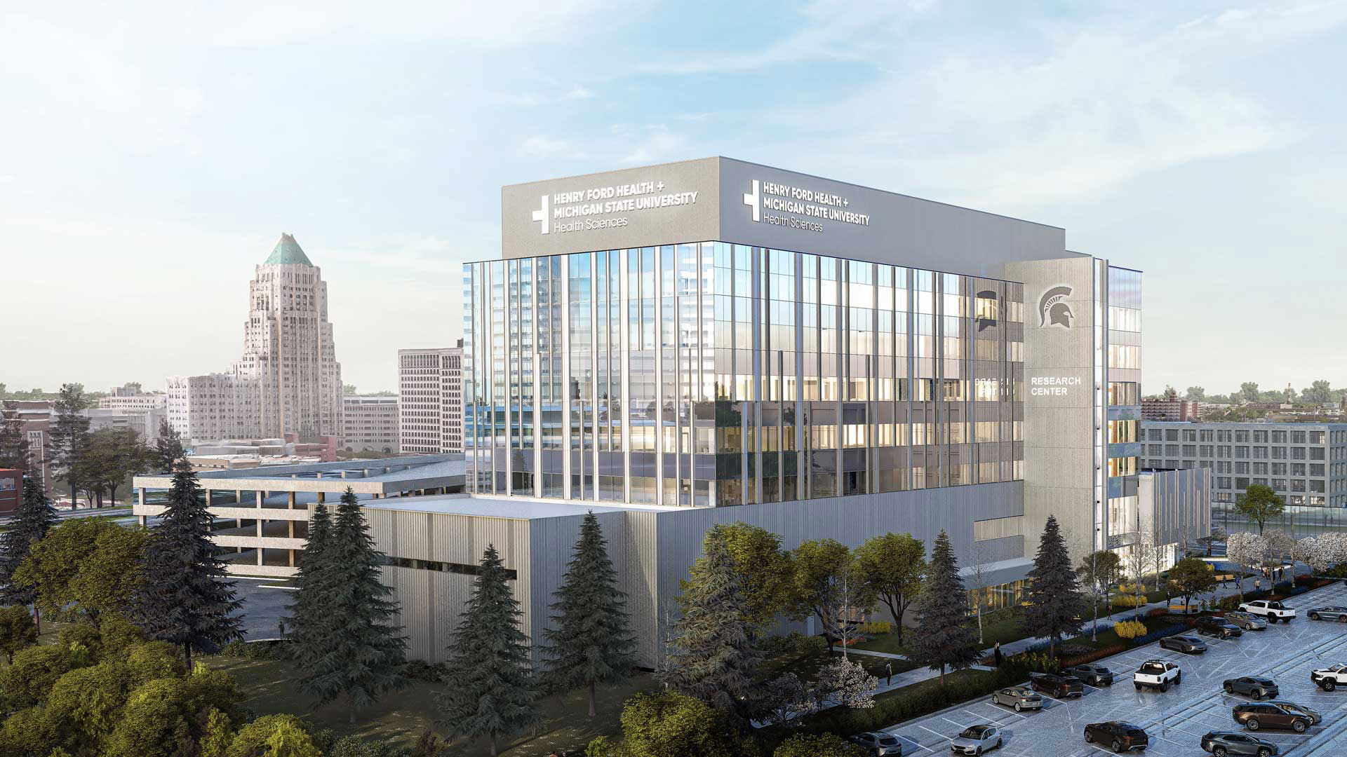 A building with both Henry Ford Health and Michigan State University's logo on it